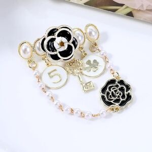 Gold and White Floral Chain Brooch with Pearl Accents - Women Jewelry